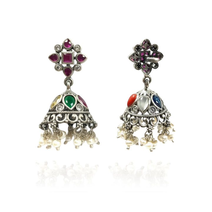 Silver 925 Navratna Jhumka Earrings