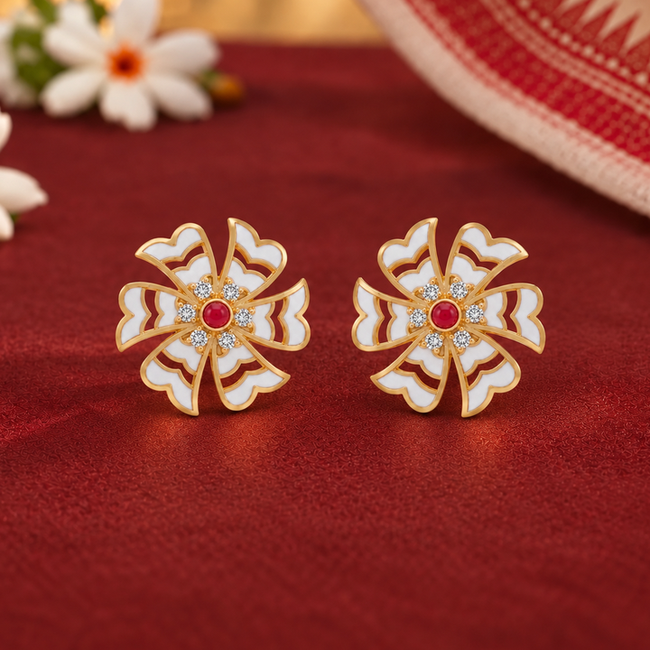 925 Silver Shiuli White Enamel Flower Stud Earrings