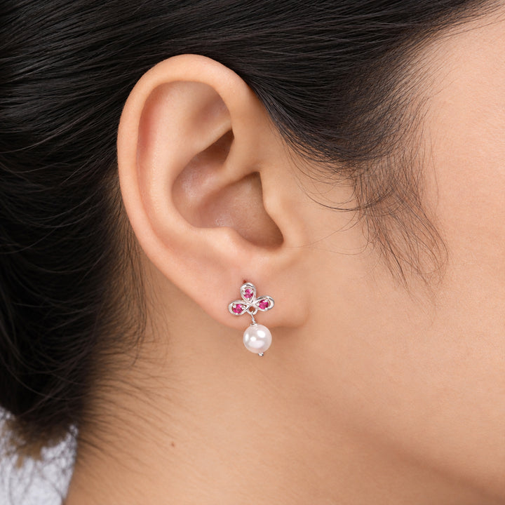 Silver Ruby Pearl Drop Earrings