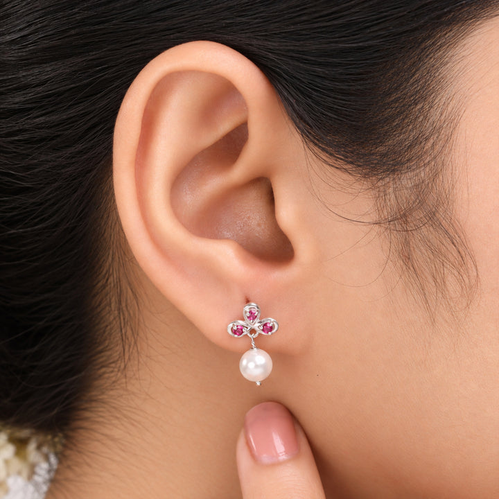 Silver Ruby Pearl Drop Earrings