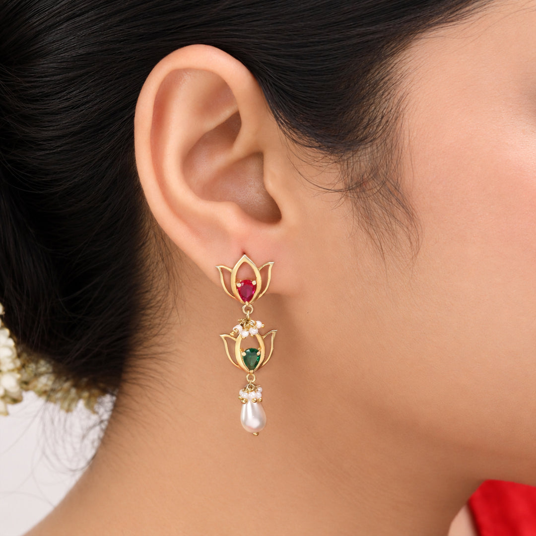 Silver Double Kamal Pearl Drop Earrings