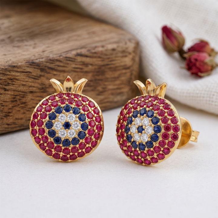 925 Pure Silver Pomegranate Evil Eye Stud Earrings