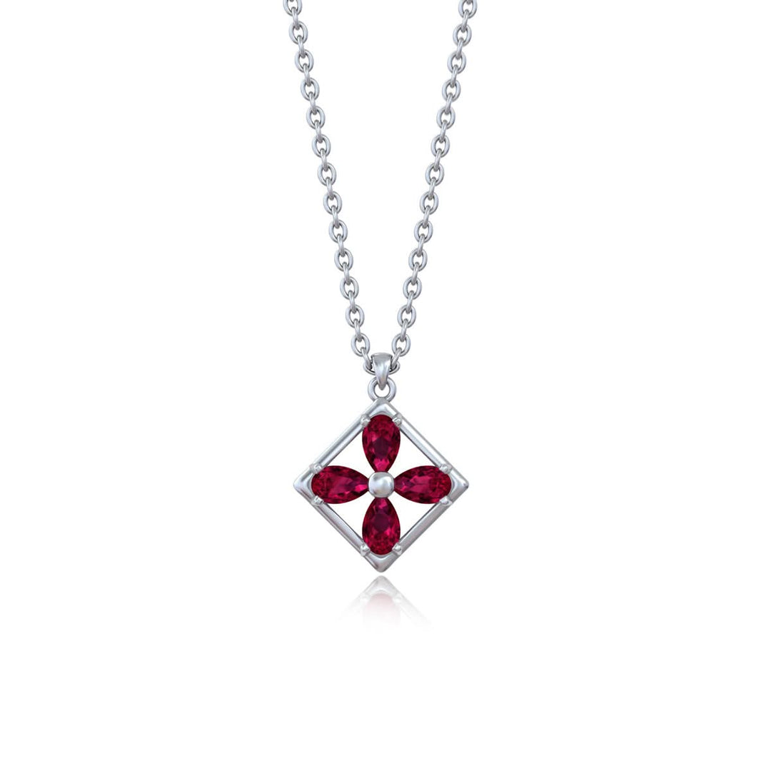 925 Pure Silver Square Floral Pendant Necklace with Red Zircon