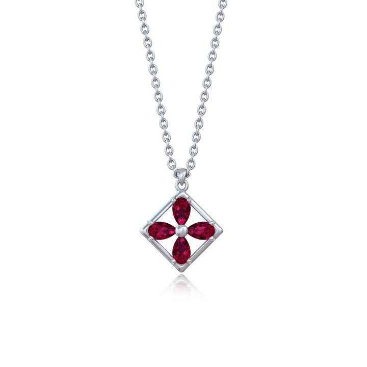 925 Pure Silver Square Floral Pendant Necklace with Red Zircon