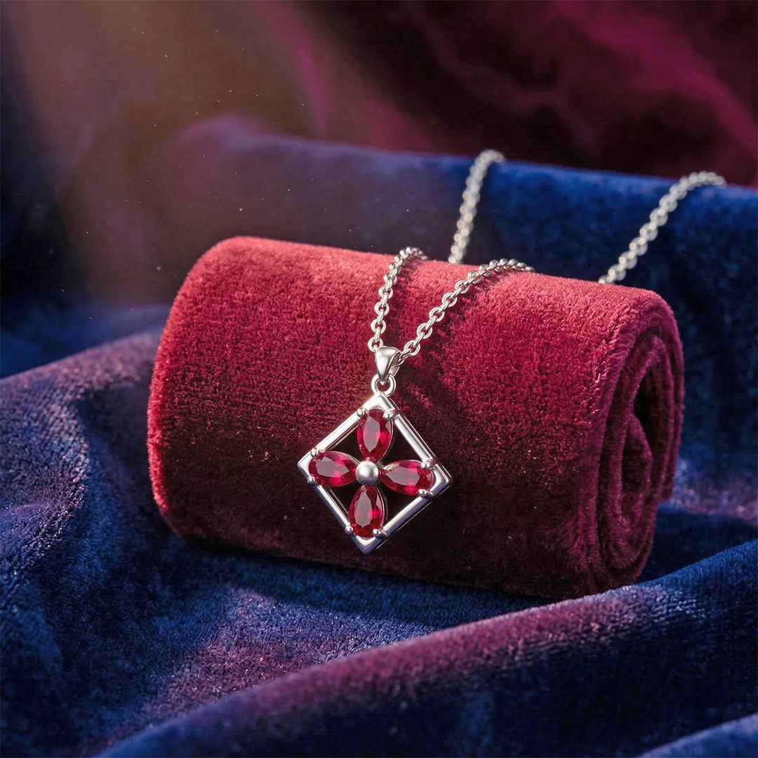 925 Pure Silver Square Floral Pendant Necklace with Red Zircon