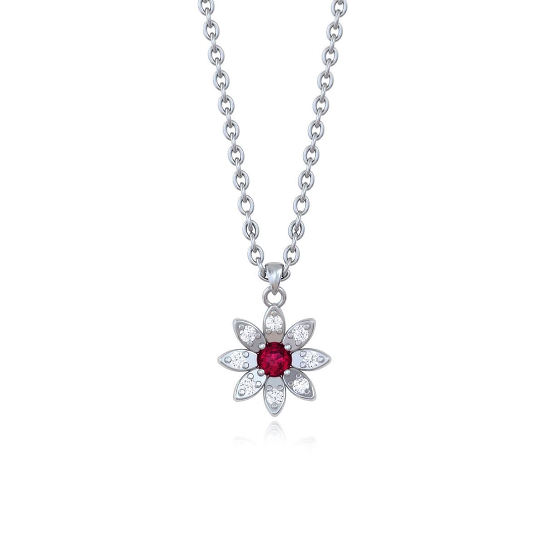925 Pure Silver Sunflower Pendant Necklace with Red & White Zircon