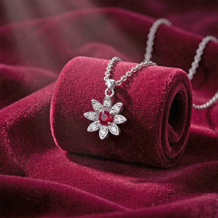 925 Pure Silver Sunflower Pendant Necklace with Red & White Zircon