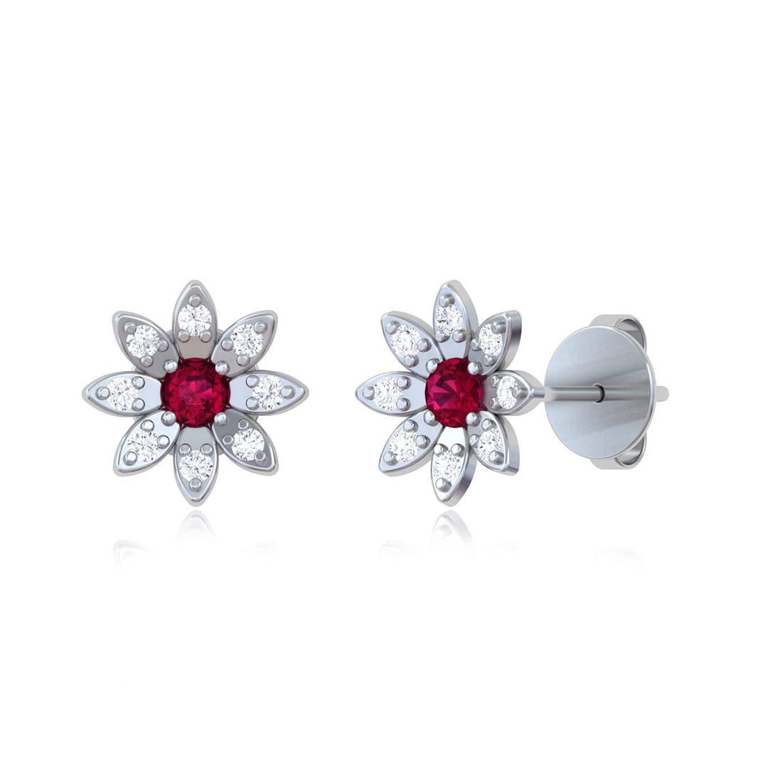 925 Pure Silver Sunflower Stud Earrings with Red & White Zircon