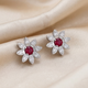 925 Pure Silver Sunflower Stud Earrings with Red & White Zircon