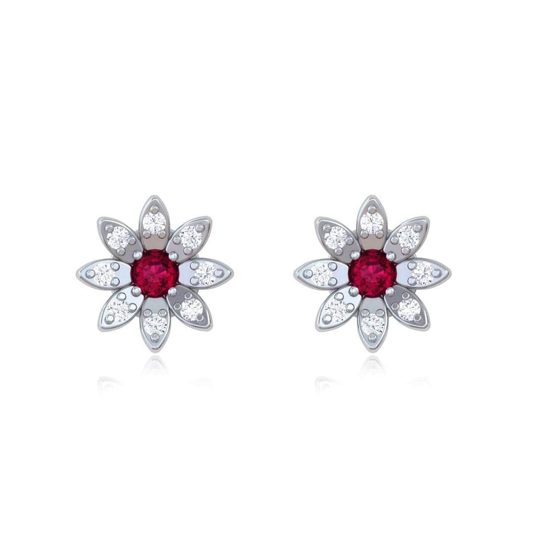 925 Pure Silver Sunflower Stud Earrings with Red & White Zircon