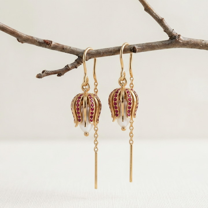 92.5 Pure Silver Tulip Bloom Ruby Earrings