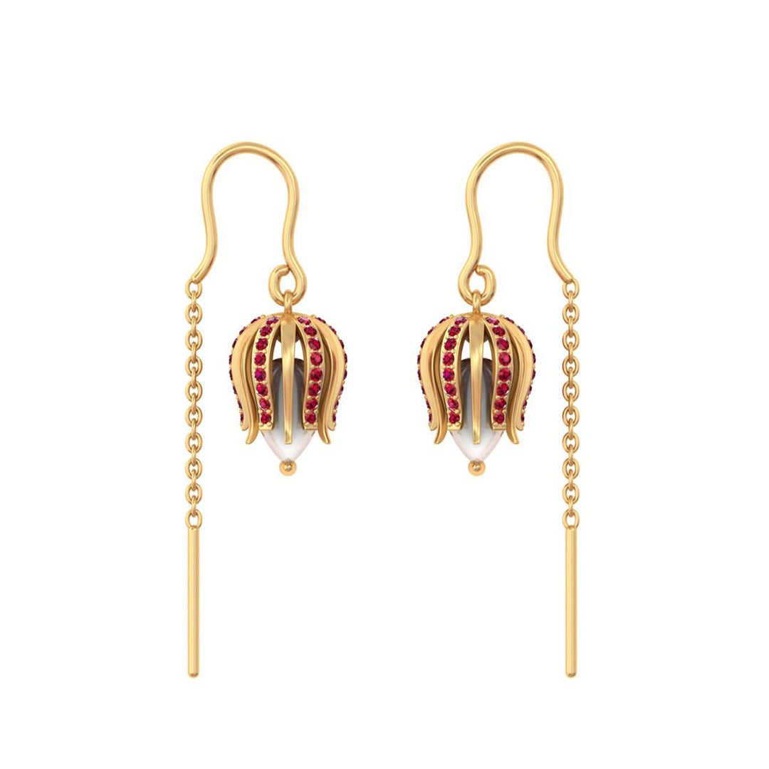 92.5 Pure Silver Tulip Bloom Ruby Sui Dhaga Earrings