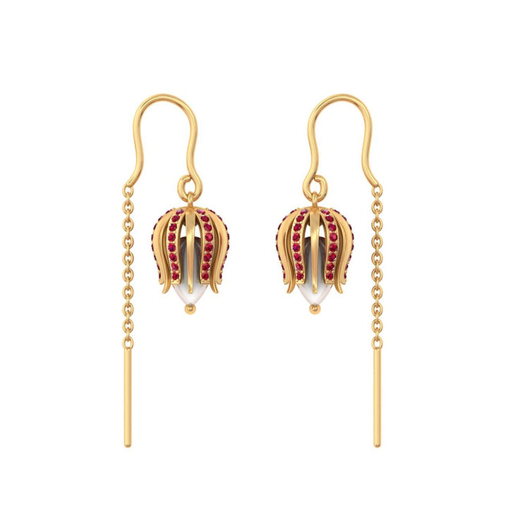 92.5 Pure Silver Tulip Bloom Ruby Sui Dhaga Earrings