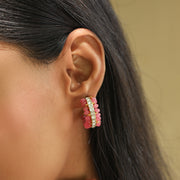 Pink Bead Silver Hoops with Polki