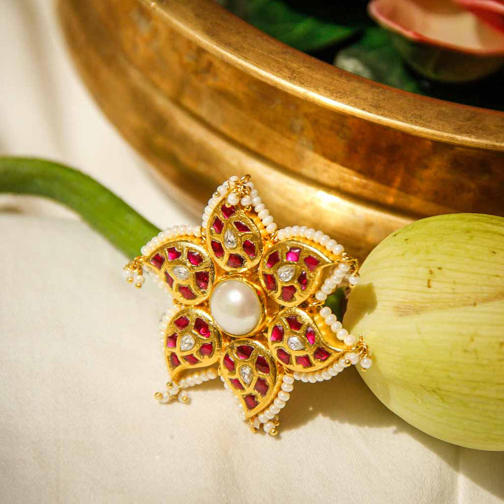 Centre Pearl Gold Plated Kundan Ring Rings - By Unniyarcha - Original Manufacturers of Silver Jewelry, Gold Plated Jewellery, Fashion Jewellery and Personalized Soul Bands and Personalized Jewelry