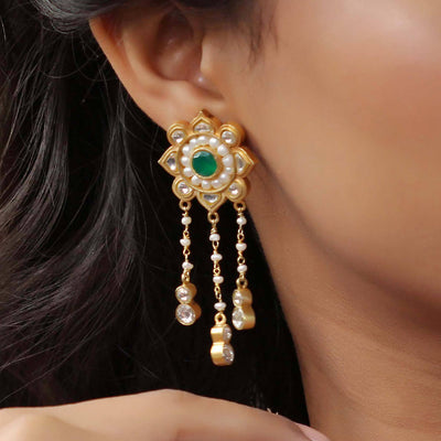 Majestic White Pearl Earrings with Green stone