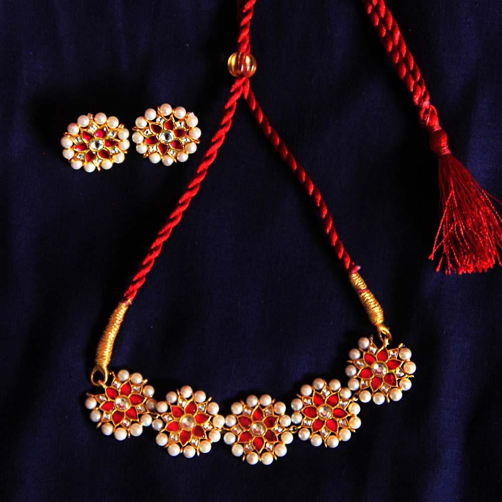 Red Kundan with Pearl Gold Plated Silver Choker Set Necklaces - By Unniyarcha - Original Manufacturers of Silver Jewelry, Gold Plated Jewellery, Fashion Jewellery and Personalized Soul Bands and Personalized Jewelry