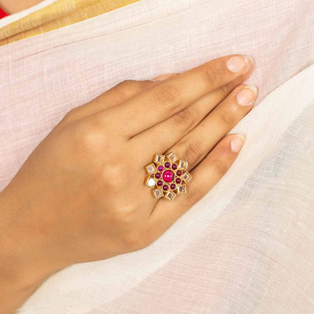 Silver Gold Plated Flower Polki Ring